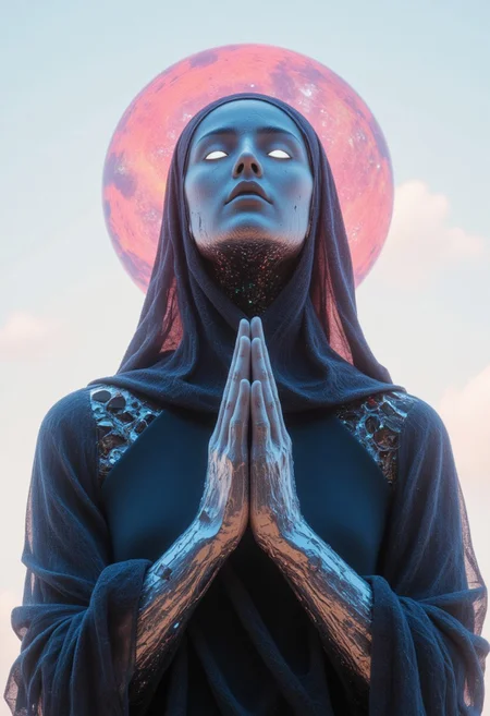 A desolate robotic nun, a fallen relic of faith in a dystopian world, kneels in solemn prayer. Her form is a haunting fusion of divinity and decay—her once-elegant habit, now tattered, clings to her voluptuous frame, its fabric interwoven with frayed circuitry and shattered plating. Glowing fragments of electric blue and crimson pulse weakly beneath her broken exoskeleton, flickering like the last embers of a dying soul. Her face, a delicate yet fractured mask of synthetic porcelain, bears the scars of time, with one eye barely functional, emitting a soft, melancholic glow.
She gazes upwards in silent yearning, her lips slightly parted as if whispering a final prayer to a god who no longer listens. The void above her is infinite—an endless expanse of swirling galaxies, neon storms, and cosmic remnants bleeding into the fractured dystopian skyline. Translucent hues of pink, blue, and green illuminate the scene with a ghostly radiance, casting eerie reflections upon her metallic skin. The air crackles with the remnants of forgotten transmissions, faint glyphs of an ancient faith flickering across her corroded circuits.
Dystopian atmospheric lighting engulfs the scene, shadows stretching unnaturally, wrapping her in an ethereal, almost supernatural presence. The perspective is slightly below, emphasizing her solemn, overwhelming presence—a forgotten saint of machinery and sorrow, kneeling in reverence to the void.