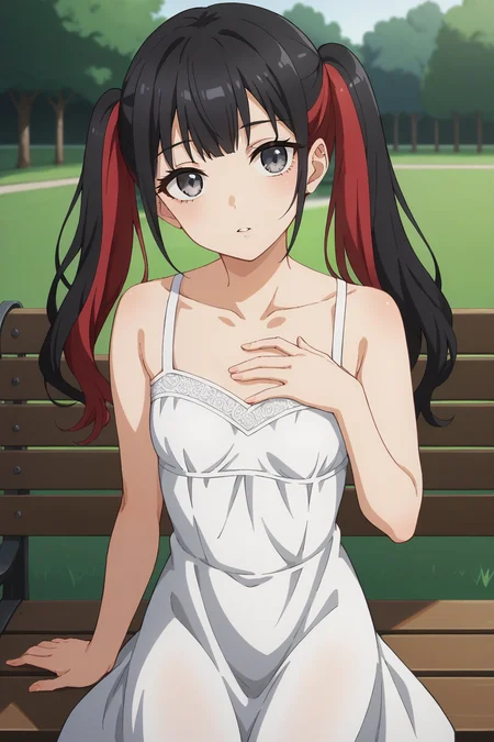 score_9, score_8_up, score_7_up, source_anime, 1girl, prefect lighting, very aesthetic, intricate details, highly detailed background, masterpiece, high quality, prefect hands, best quality, solo,
<lora:Nowa_Dress_up_Darling_V1:.85>, KJOnowa, black hair, multicolored hair, grey eyes, bangs, twintails,
sundress, bare shoulders,
sitting on bench, looking at viewer, expressionless, parted lips, looking at viewer, hand on chest, head tilt,
park, grass, trees, daytime,
(Beautiful, small Breasts:1.2), natural breasts,
