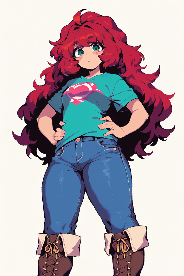 <lora:Namako:1>, score_9, score_8_up, score_7_up, score_6_up, score_5_up, rating_questionable, source cartoon
1girl, pretty face, pretty eyes, detailed eyes, HD eyes, thick thighs
hands on hips, standing, cowboy shot
looking at viewer, blush, eyebrows, long hair, red hair, green eyes jeans, green t-shirt, boots, high waisted jeans
simple background, white background
