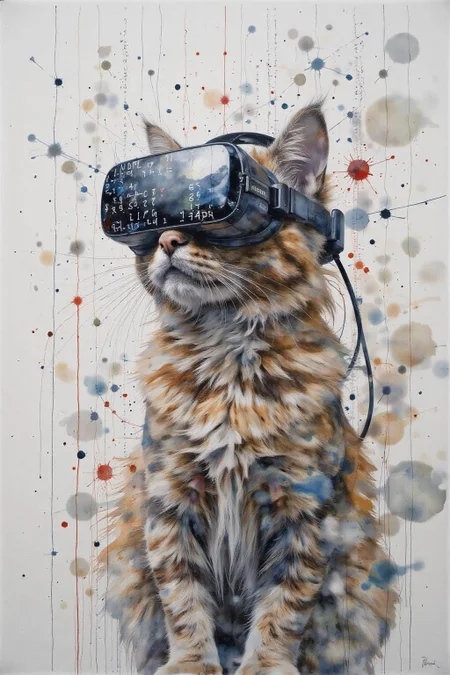 yawc1 watercolor.
A matrix code waterfall is filling the screen, double exposure with A cat playing game, wearing a VR Headset, looking up. The headset is displaying the matrix code waterfall <lora:yawcolor_nocap_d6a3:1.0> <lora:Flux-Sch-SingleBlocks-BF16:1.0><lora:799117956064917570:0>