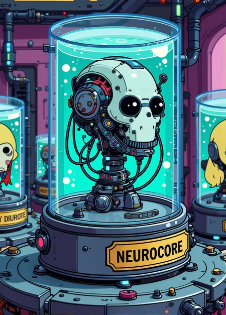 <lora:ck-nc-pastel-cyberpunk:1.1>, A digital artwork in the style of cknc, image of Cyborg as a 'living head in a jar,' inspired by the Futurama series. The head should be in a clear jar filled with a bright blue liquid, with exaggerated tubes and wires connected to it, adding a humorous and whimsical touch. The jar should sit on a metallic stand with a bold, simple nameplate on the front that reads 'NEUROCORE.' The background should be a colorful, futuristic lab with other similar cartoon jars, maintaining a playful and light-hearted tone.
anime style, key visual, vibrant, studio anime, highly detailed
<lora:Living_Head_In_A_Jar_Flux:0.8>