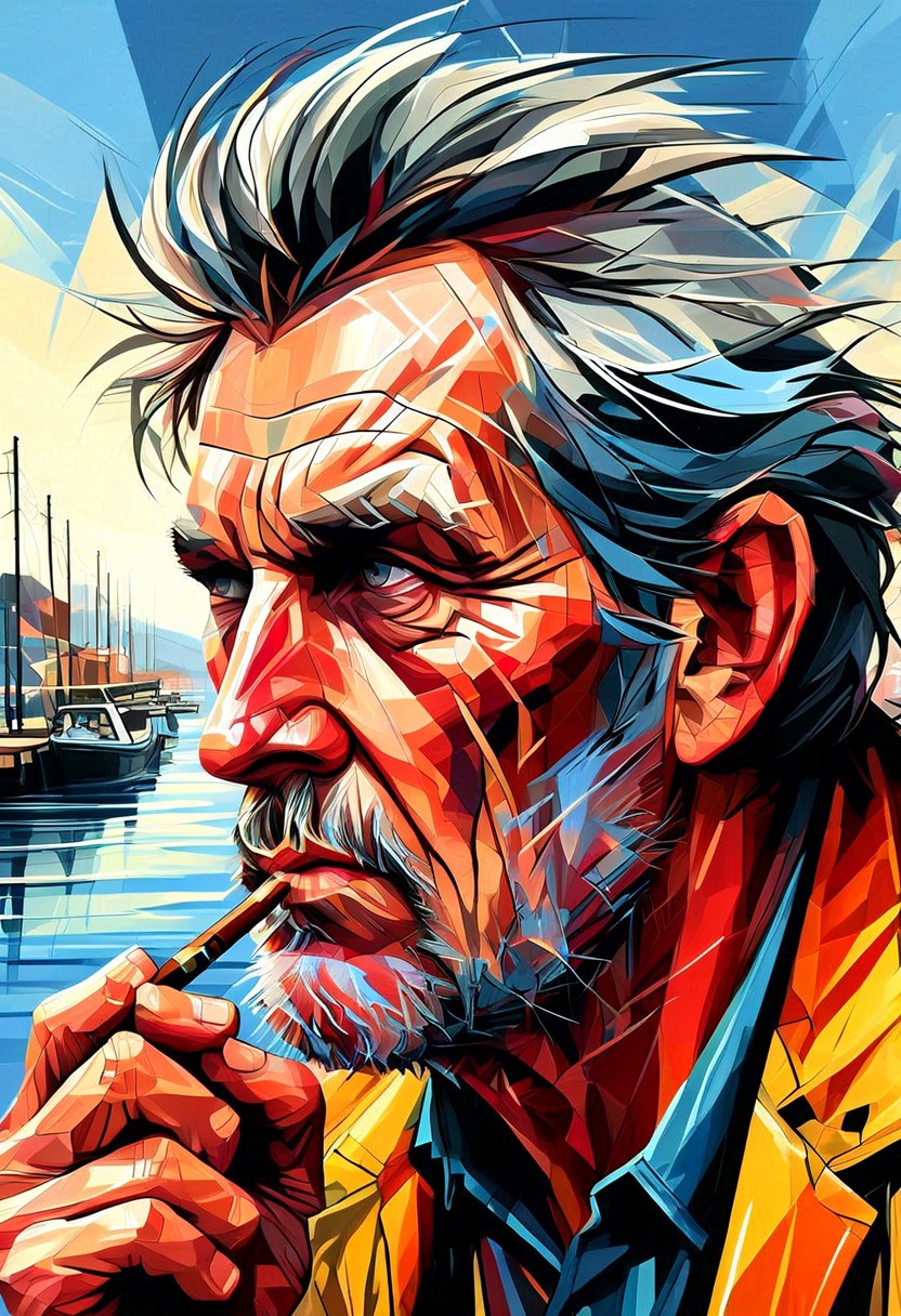 an old fisherman with a weathered face smoking a pipe on the quayside painting, extreme close up, portrait,