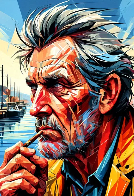 an old fisherman with a weathered face smoking a pipe on the quayside painting, extreme close up, portrait,