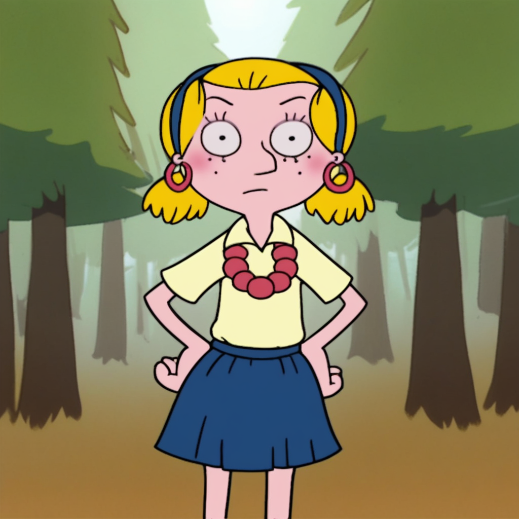 score_9, solo, angela_mv, 1girl, blonde hair, twintails, hairband, earrings, necklace, freckles, blush, shirt, skirt, hands on hips, looking at viewer, forest, natural lighting