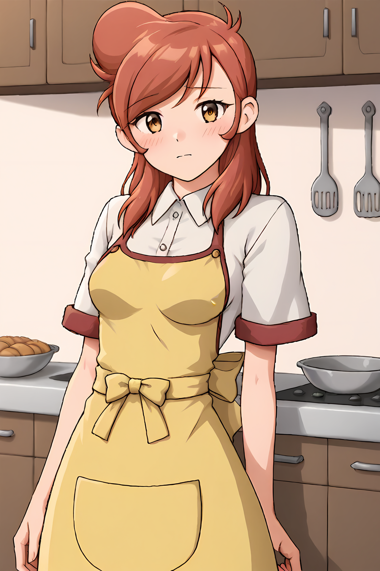 (yellow apron:1.50), cra-melissa, red hair, brown eyes, long hair, big hair, swept bang, 
medium breasts, 1girl, solo, skinny, (source_anime, score_9, score_8_up, score_8, score_7_up), score_7, score_6_up, score_6, score_5_up, score_5, 
(blush:1.10),
(kitchen:1.30),
(straight-on:1.20), (:1.10),
<lora:cra-melissa-V02-000004:0.80>