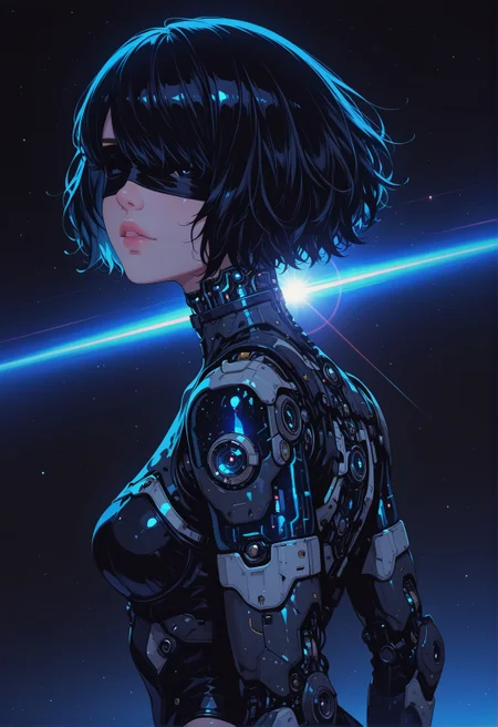 <lora:ck-shadow-circuit-IL:0.78>,
masterpiece, best quality, good quality, very aesthetic, absurdres, newest, 8K, depth of field, focused subject,
halftone effect, 2b yorha, black blindfold, space, surreal, magical, cyberpunk, floating, looking at viewer, lens flare, glowing, solo, blue glow, iridiscent, metallic sheen, looking at viewer, from side, shiny
<lora:MoriiMee_Gothic_Niji_Style_Illustrious_r1:0.45>
<lora:ck-nc-cyberpunk-IL-000011:0.4>
<lora:ck-neon-retrowave-IL:0.2>