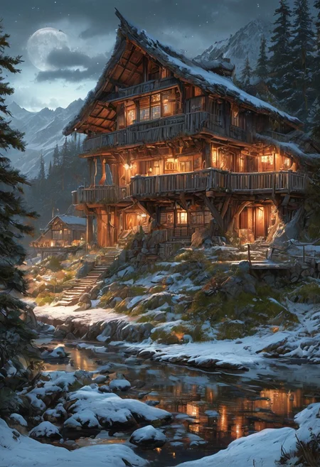 A captivating night scene illustration featuring a grand WOODEN one story viking longhouse with a great thatched roof standing tall on a large snowy hill overlooking a lake. The beautiful viking longhouse adorned with some windows, emits a warm glow, highlighting its incredible craftsmanship. The snowy hill is covered in great pine trees, reflecting on the calm, moonlit snow that mirrors the silvery moonlight. The full moon graces the sky, casting an ethereal glow on the clouds and mountain, while wispy clouds partially obscure its brilliance, adding to the scene's mystique. Twinkling stars dot the sky, creating a celestial tapestry that harmonizes with the moon's radiance. This enchanting artwork captures a serene and peaceful night, where the illuminated WOODEN viking longhouse stands resolute amidst the celestial beauty, creating a cinematic experience., illustration, cinematic
<lora:DonM3t3rn1tyXL-v1.1:0.7>, DonM3t3rn1tyXL,
OverallDetailXL <lora:MJ52:0.3> <lora:SDXLFaeTastic2400:0.4> <lora:EpicF4nta5yXL:0.7>