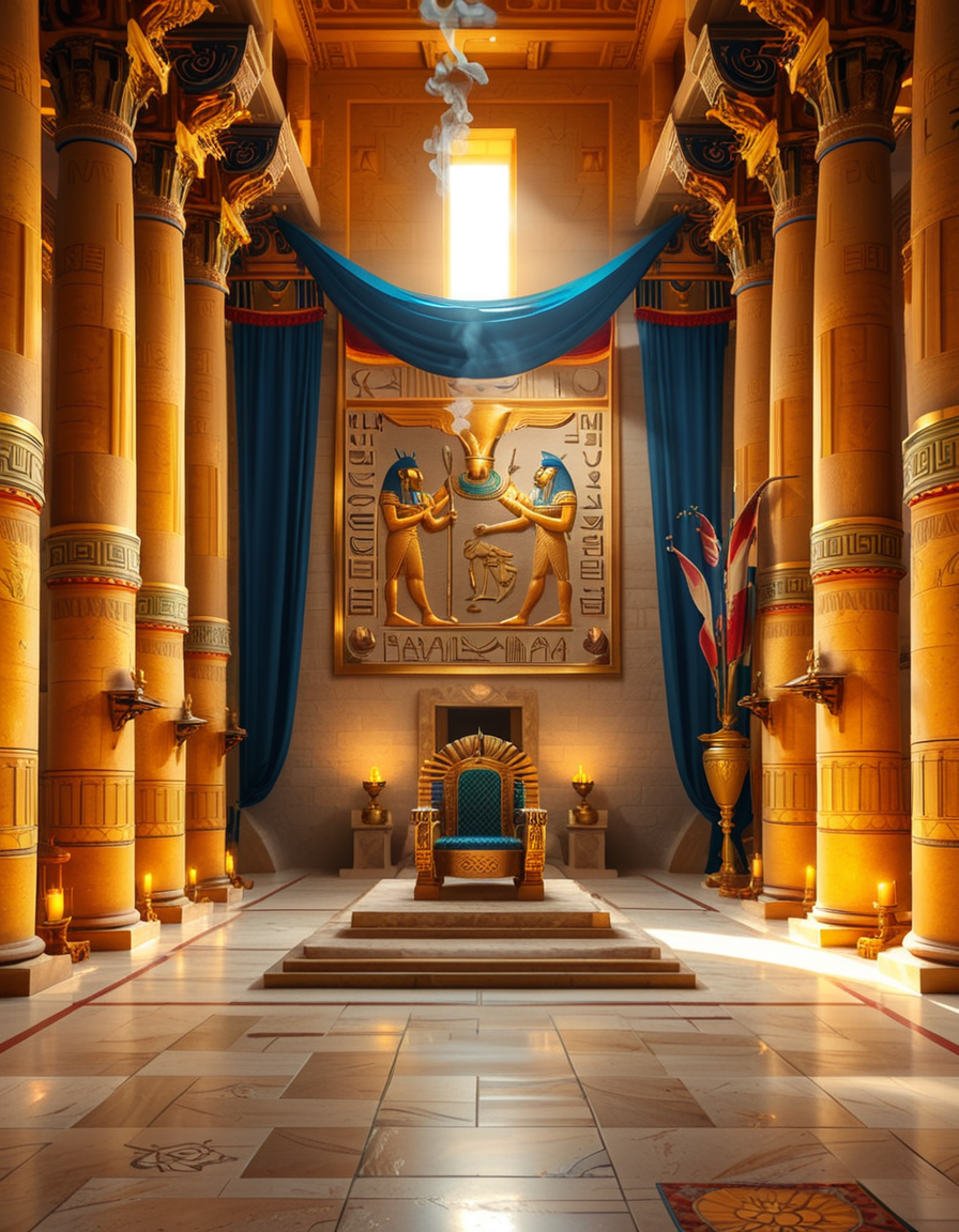 A grand and majestic ancient Egyptian throne room, illuminated by the warm glow of oil lamps and torches mounted on the intricately carved sandstone walls. The room is vast, with towering columns adorned with gold-inlaid hieroglyphs and bas-reliefs depicting gods such as Ra, Osiris, and Anubis, as well as scenes of royal ceremonies and offerings. The walls are covered with colorful frescoes, painted in deep shades of blue, red, and gold, telling the stories of ancient pharaohs and their divine rule.
At the center of the hall, an ornate golden throne rests atop a raised stone platform, accessible by a few steps. The throne is adorned with intricate carvings of winged sun disks, sacred cobras, and falcon motifs, symbolizing power and divine protection. The seat and backrest are encrusted with lapis lazuli, turquoise, and carnelian, creating a striking contrast against the polished gold. Two large stone statues of sphinxes flank the throne, their watchful eyes seeming to guard the empty seat of power.
The polished limestone floor reflects the flickering golden light of the torches, creating an almost mystical atmosphere. Large braziers shaped like lotus flowers release thin trails of fragrant incense smoke, adding to the sacred and mysterious ambiance of the room.
In the background, massive stone doors, partially open, reveal a glimpse of an open courtyard with palm trees and a distant view of the Nile River under a twilight sky. Through the high ceilings, small openings allow beams of moonlight to filter in, casting soft silver highlights across the chamber, blending with the warm tones of the torchlight.
The atmosphere is one of silence, mystery, and timeless majesty, as if the room has been left untouched for centuries, awaiting the return of a forgotten ruler.
<lora:SDXLFaeTastic2400:0.4> <lora:extremely_detailed:0.4> extremely detailed, <lora:ancient_Egyptian_thr0n3_r00m:1>,ancient Egyptian thr0n3 r00m, Masterpiece,best quality,hi res,8k,hi res,8k,award winning,(sharp focus, intricate, highly detailed),