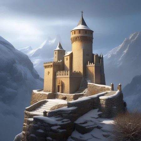 a keep on a (rock spire), battlement, Machicolations, a stairway to the keep, doorway, mountain in background, very wide shot, fantasy, atmospheric effects, snow, best quality, masterpiece, realistic, photo-realistic, amazing, finely detail, ultra-detailed, highres, extremely detailed, 8k wallpaper