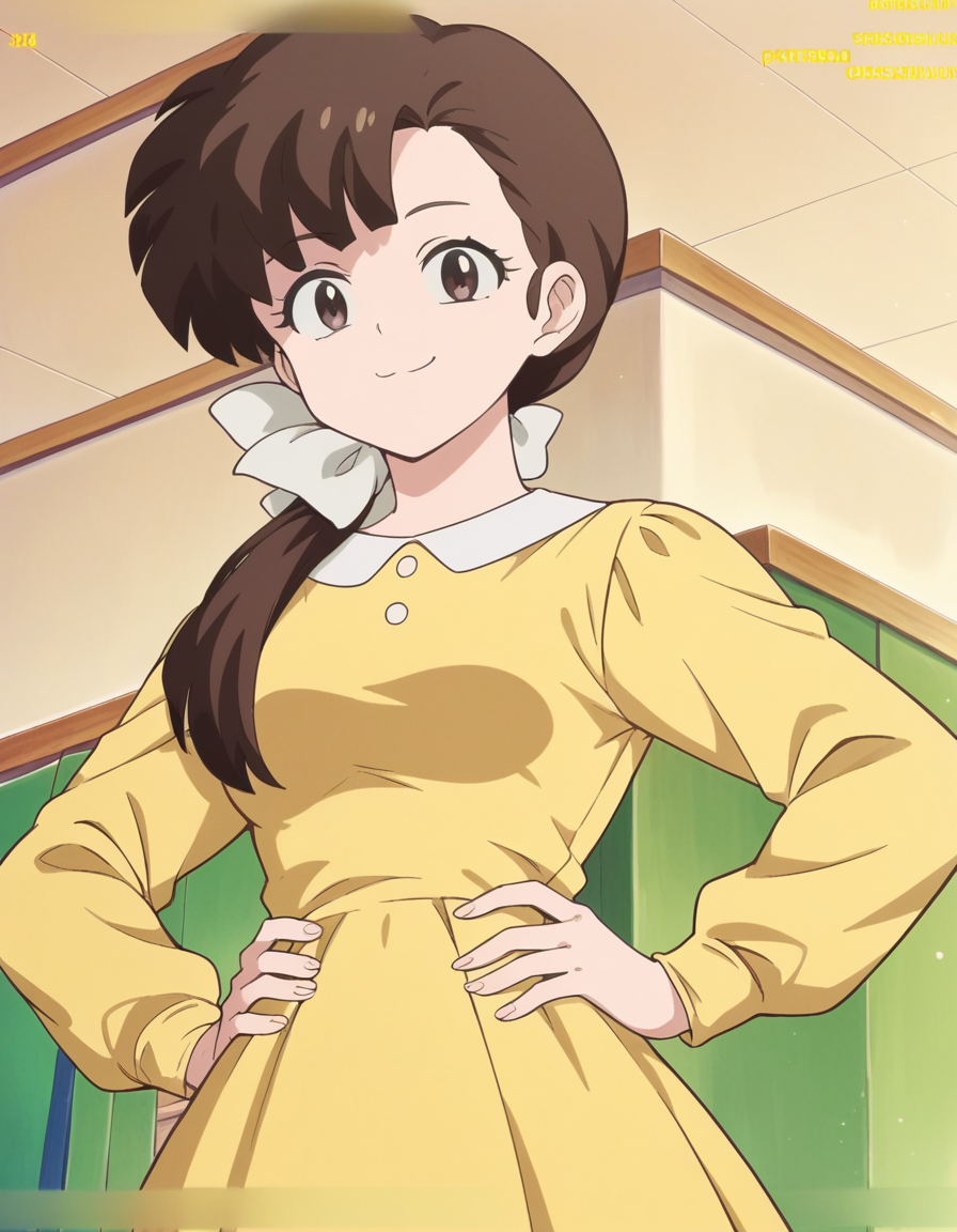 score_9, score_8_up, score_7_up, source_anime, <lora:kasumi-tendou-leak-ponyxl-lora-nochekaiser:1>, kasumi tendou, long hair, hair bow, bangs, hair over shoulders, brown hair, brown eyes, white bow,, long sleeves, dress, yellow dress,, indoors, smug, smile, looking at viewer, solo, hands on hips,, cowboy shot, dutch angle