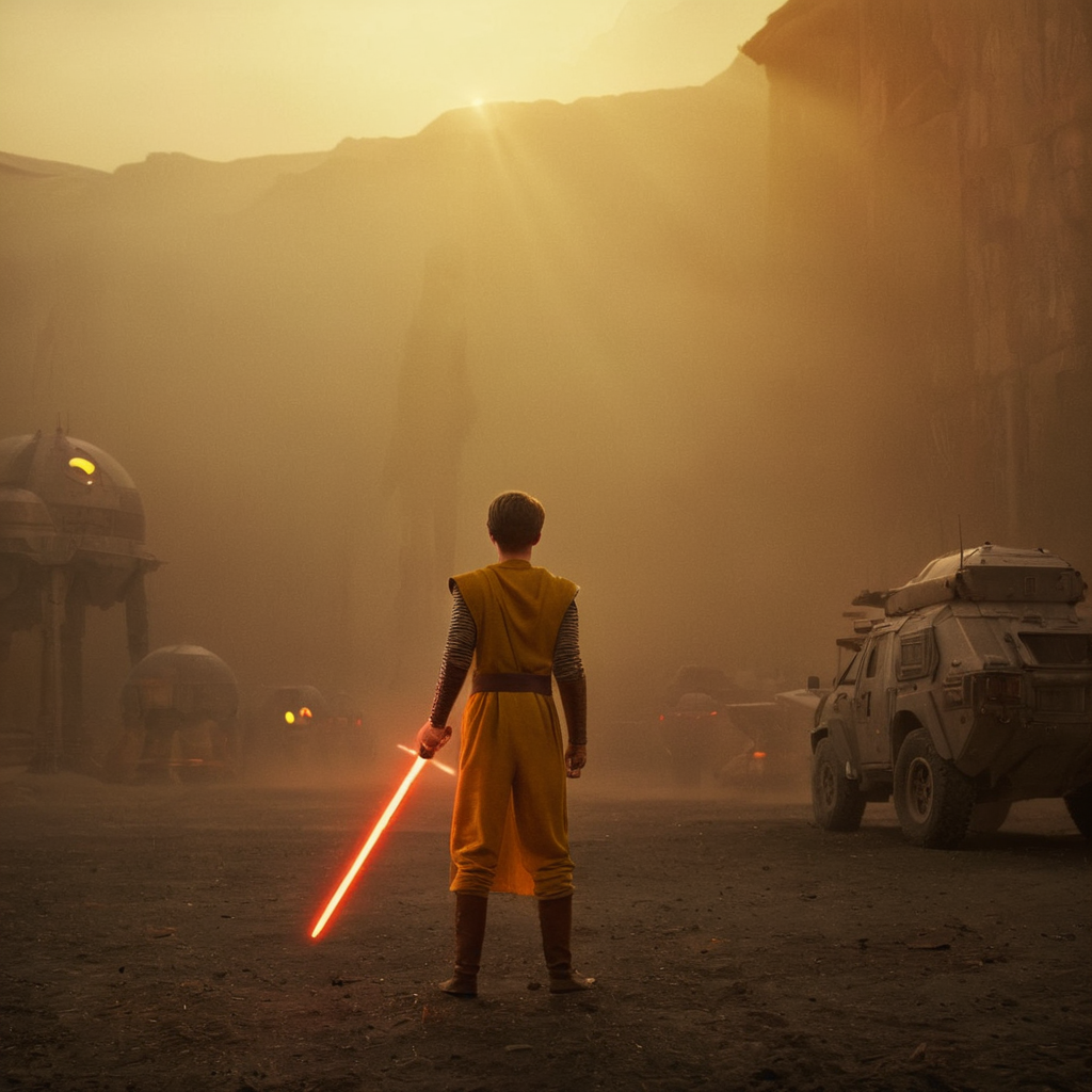 cinematic film still of  <lora:Warm Lighting Style:1>
warm light,a man with a light saber standing in front of a line of star wars vehicles,warm lighting style,1boy,holding,standing,weapon,male focus,sword,holding weapon,bodysuit,glowing,holding sword,robot,mecha,science fiction,realistic,energy sword 3200k, orange color, yellow color, warm color, straw color, golden color, fog, smoke, shallow depth of field, vignette, highly detailed, high budget, bokeh, cinemascope, moody, epic, gorgeous, film grain, grainy