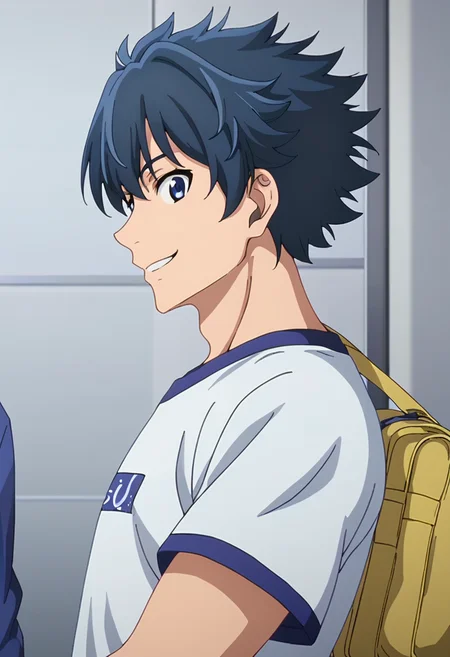 score_9, <lora:Rakuro_Hizutome:1> rakuro hizutome, 1boy, 1girl, bag, black hair, from side, kamijou touma, looking at viewer, male focus, rakuro hizutome, shirt, smile, solo, t-shirt, upper body, white shirt