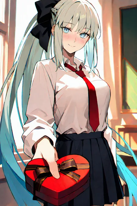 masterpiece, best quality, good quality, very aesthetic, absurdres, newest,
1girl, solo,1girl,morgan le fay\(fate grand order\),solo,smile,closed mouth, looking at viewer,blush,
eyes detail,ponytail,student uniform,short skirt,standing,heart-shaped box, holding, box, gift, valentine, incoming gift,
classroom,Cinematic Lighting,cowboy shot,detailed background,
<lora:96YOTTEA-WAI:0.4> <lora:ponyv4_noob1_2_adamW:0.6> <lora:illustrious_noobai_epsilon_pred_1_masterpieces_v1:0.6> <lora:HandFixer_pdxl_Incrs_v1:1> <lora:DetailedEyes_V3:1>