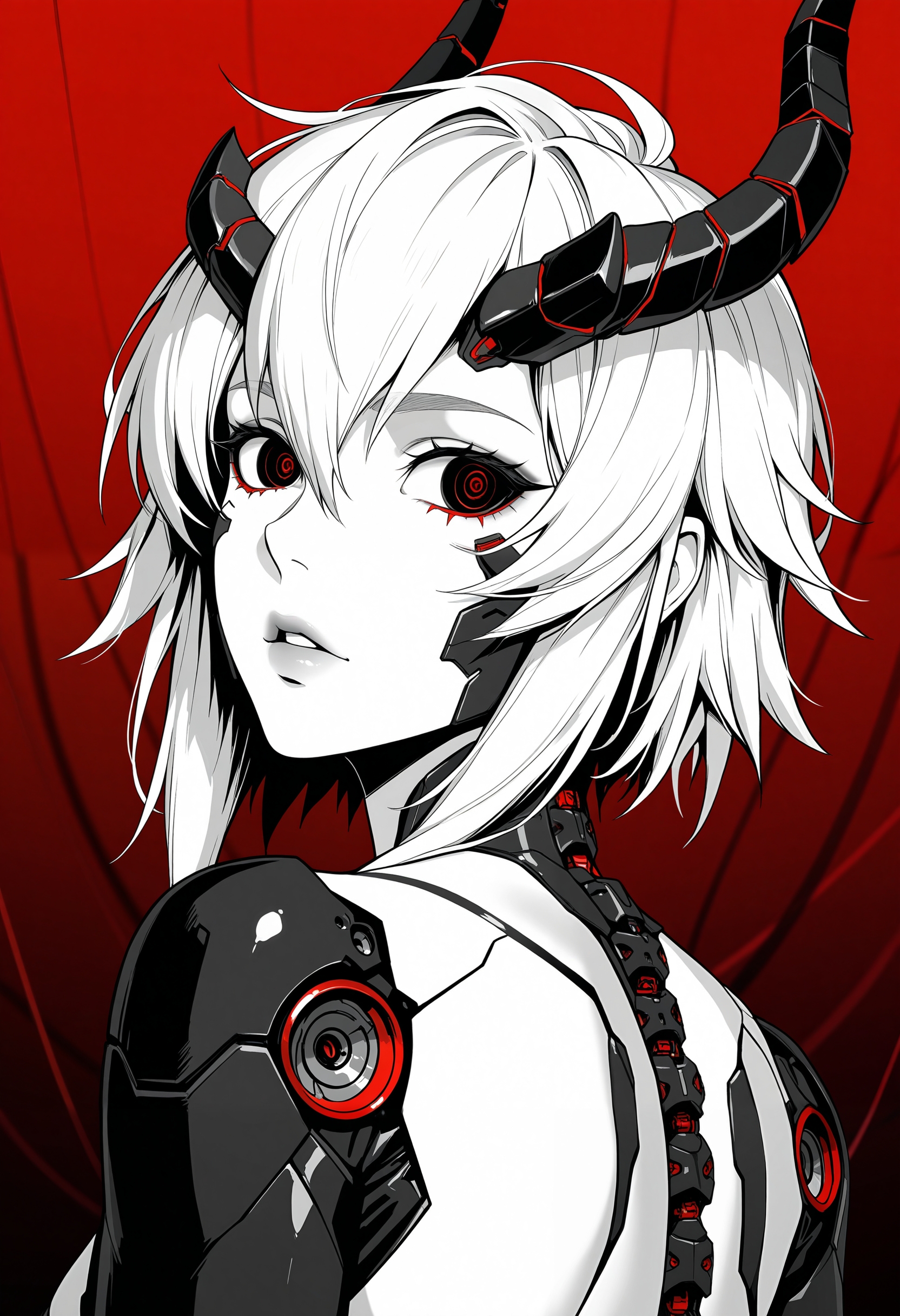 masterpiece, best quality, good quality, very aesthetic, absurdres, newest, 8K, depth of field, focused subject, ghost in the shell aesthetic, monochrome, black and white, line art, sketch style, technical drawing, closeup quarter upper body shot, from behind, almost from side, 1girl, succubus cyborg, horns, gynoid, face focus, segmented face with panel lines, dark vacant eyes, looking back, parted lips, intricate exposed mechanical components above cranium, cyberpunk, high contrast black and red background, clinical atmosphere.