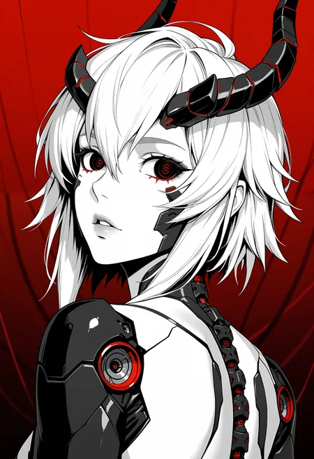 masterpiece, best quality, good quality, very aesthetic, absurdres, newest, 8K, depth of field, focused subject, ghost in the shell aesthetic, monochrome, black and white, line art, sketch style, technical drawing, closeup quarter upper body shot, from behind, almost from side, 1girl, succubus cyborg, horns, gynoid, face focus, segmented face with panel lines, dark vacant eyes, looking back, parted lips, intricate exposed mechanical components above cranium, cyberpunk, high contrast black and red background, clinical atmosphere.