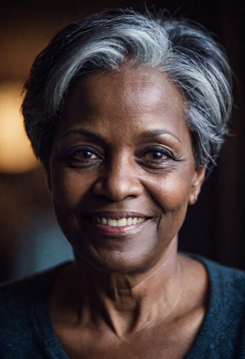 PA7_sdxl-Photo, woman, middle aged, dark skin, beautiful eyes, short hair, gray hair, happiest, dim light, cinematic lighting, volumetric lighting, film grain, PA7_xl-Portrait-ECU