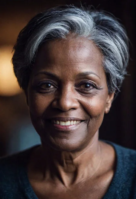 PA7_sdxl-Photo, woman, middle aged, dark skin, beautiful eyes, short hair, gray hair, happiest, dim light, cinematic lighting, volumetric lighting, film grain, PA7_xl-Portrait-ECU