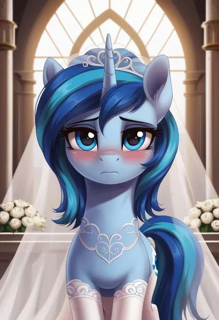 score_9, score_8_up, score_7_up, score_6_up, score_5_up, score_4_up, g4, solo, pony, feral pony, unicorn, azure mane, blue skin, blue eyes, wedding dress, wedding, palace, shy, sad, blushing, look at you, cute, glare, high res,