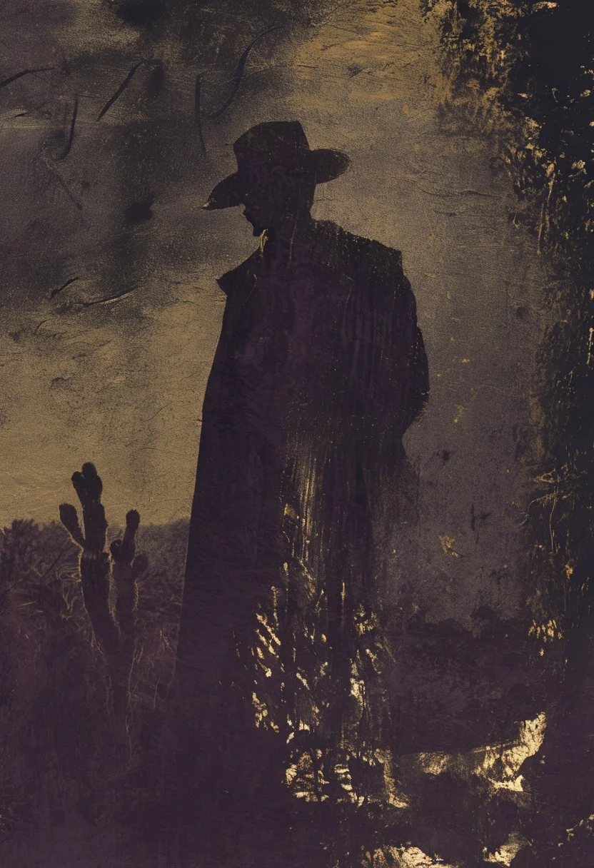 novuschroma27 style, gold foil,
an old cowboy in a duster standing alone in the desert