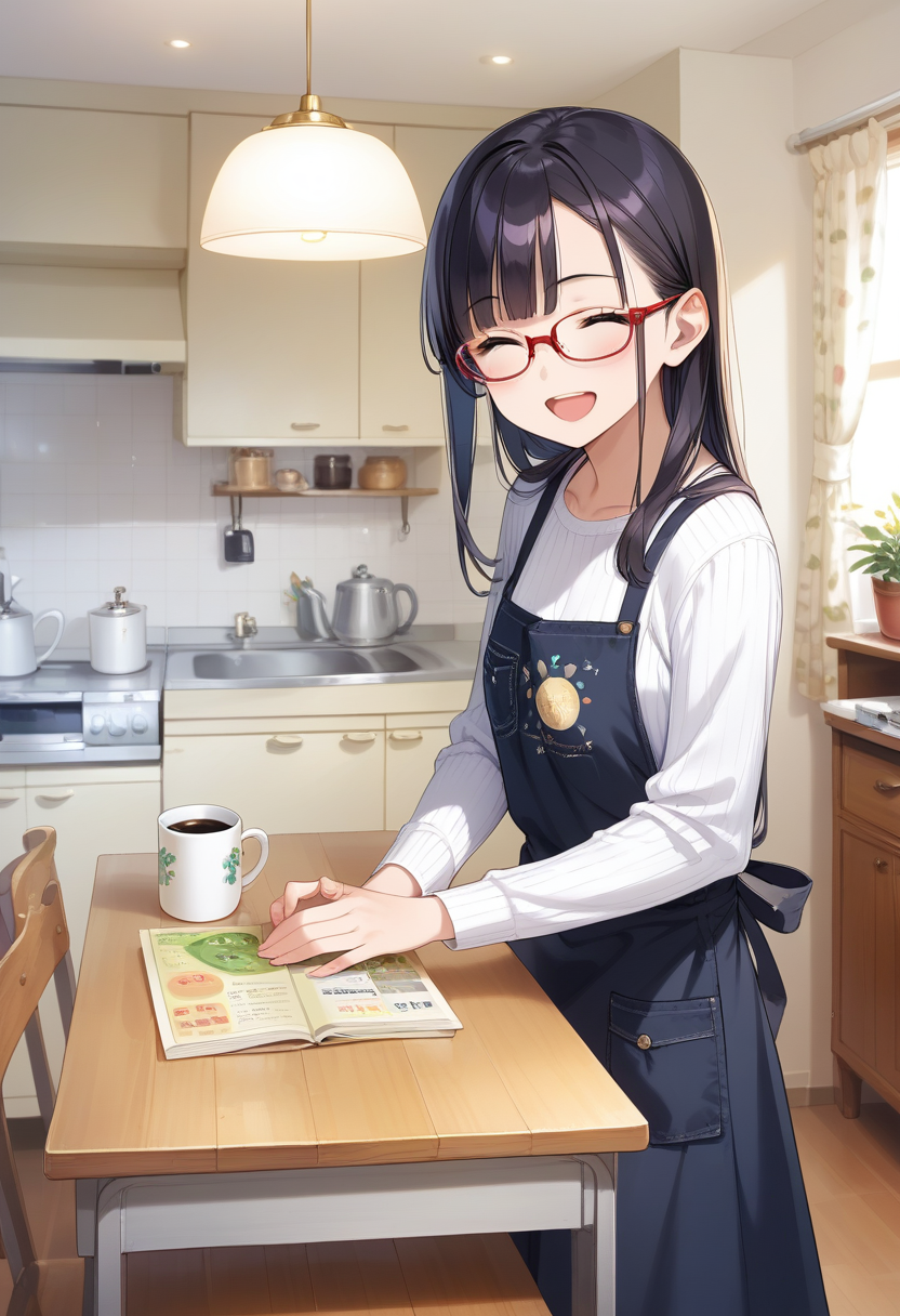 score_9, score_8_up, score_7_up, rating_safe, masterpiece, best quality, absurdres, unity 8k wallpaper, official art, official style, source_anime, uncensored, game cg, megami magazine,
1girl, solo, glasses, black hair, long hair, white ribbed sweater, black apron,  happy, smile, looking at viewer, closed eyes, open mouth, own hands together,
JPkitchen, calendar (object), chair, indoors, scenery, window, sink, wooden table, lamp, kitchen, curtains, cabinet, clock, cofee mug, coffee, 
<lora:JP_kitchen_PONY_V1:1>