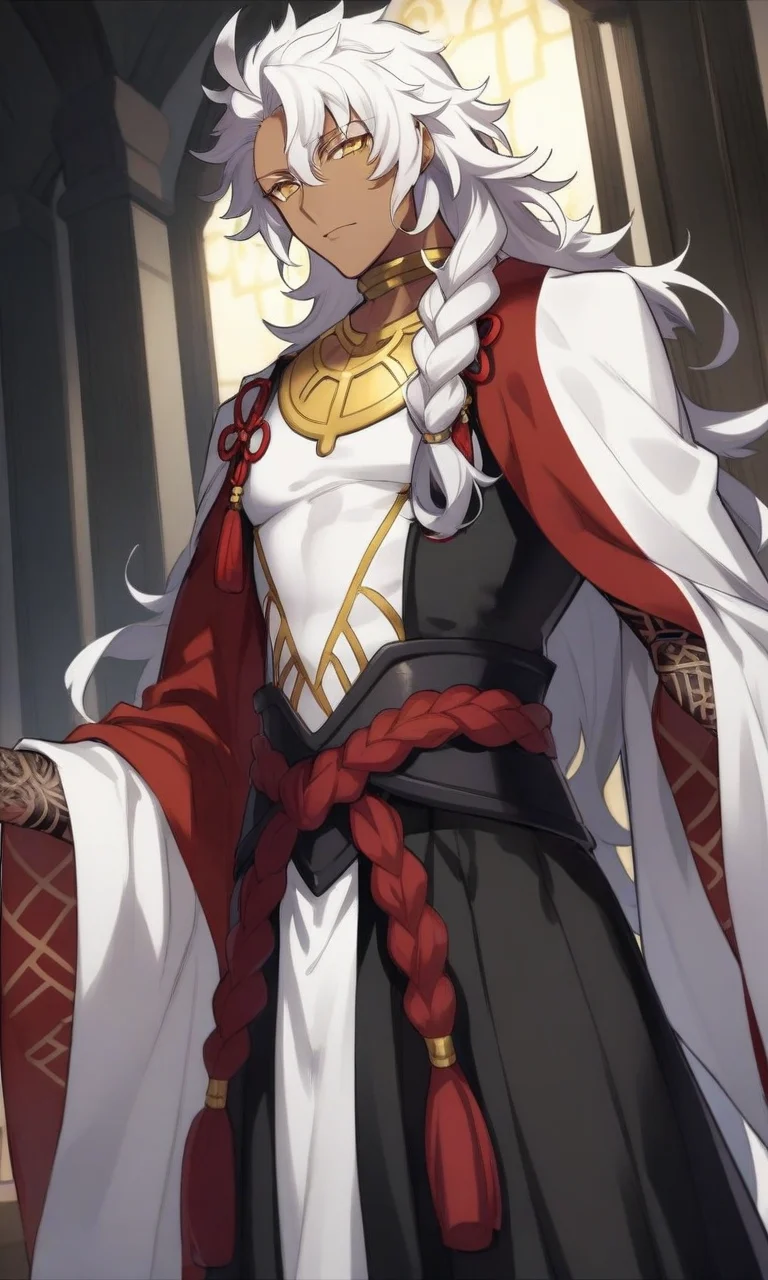 ,score_9, score_7_up, source_anime, solomon_(fgo), handsome, dark-skinned man, long hair, white hair, messy hair, ahoge, braid, yellow eyes, jewelry, long robes, tattoo, black fingernails, cowboy shot, dutch angle,