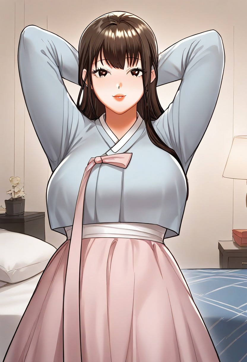 score_9, score_8_up, score_7_up, ASCII masterpiece, source_anime, BREAK, 1girl, solo, (( <lora:older_sister_(sponsor_me_please):1> , older_sister_(sponsor_me_please), thin waist, wide hips, beautiful skin, piercing dark brown eyes, clear eyes, bright pupils, beautiful eyes, beautiful dark brown hair, beautiful long hair, bangs, huge and shaggy breasts, natural beauty, extraordinary beautiful woman, attractive woman, super sexy woman, lustful body, sexy woman with seductive obscene body, sensual body, voluptuous body, sexy beauty, no piercings, no piercing, )) ,  ((traditional korean hanbok dress, cute white jeogori top with pink goreum clothing tape, beautiful pink chima skirt, ))
, sexy pose, cowboy shot, seducative smile, sexy, hands behind head, inside hotel room, morning lights,