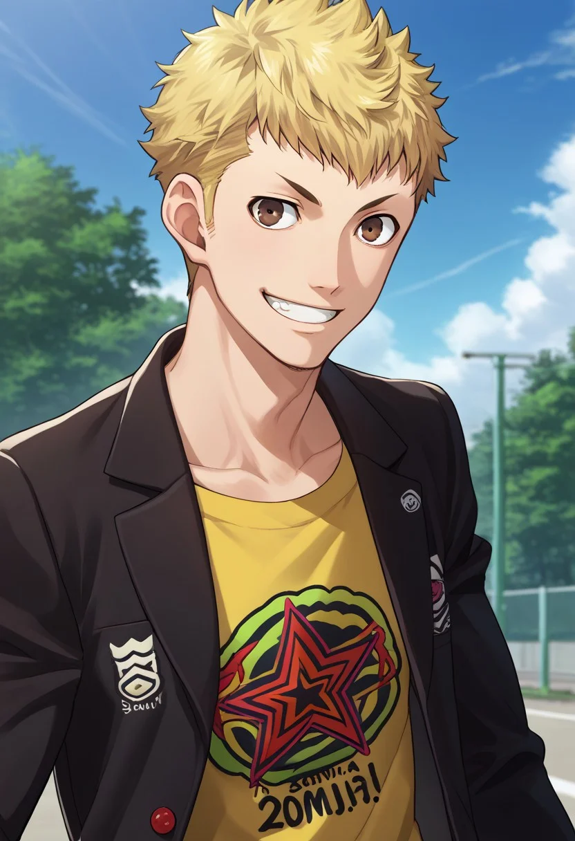 score_9, score_7_up, source_anime
ryuji, 1boy, male focus solo, brown eyes, blonde hair, short hair, school uniform, shirt, yellow shirt, print shirt, jacket, black jacket, long sleeves, open jacket, open clothes, smile, grin,
outdoor, sky,
