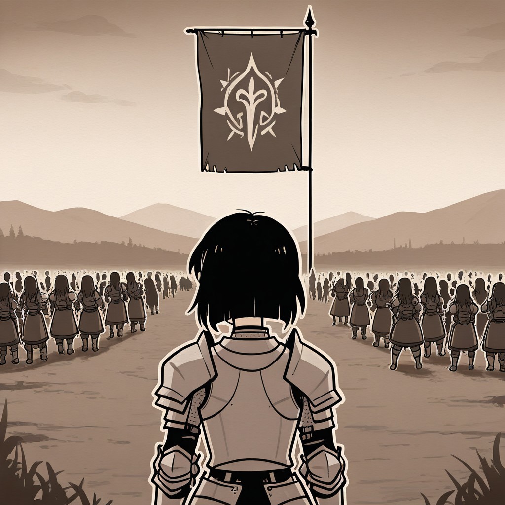 masterpiece, good quality, best quality, 2d, anime, Repanse, black hair, armor, eldritch energies, battlefield, banner, standing, upper body, TCOAALStyle, Monochrome, White Outline,
<lora:RepansedeLyonesse_Vpred:0.8>