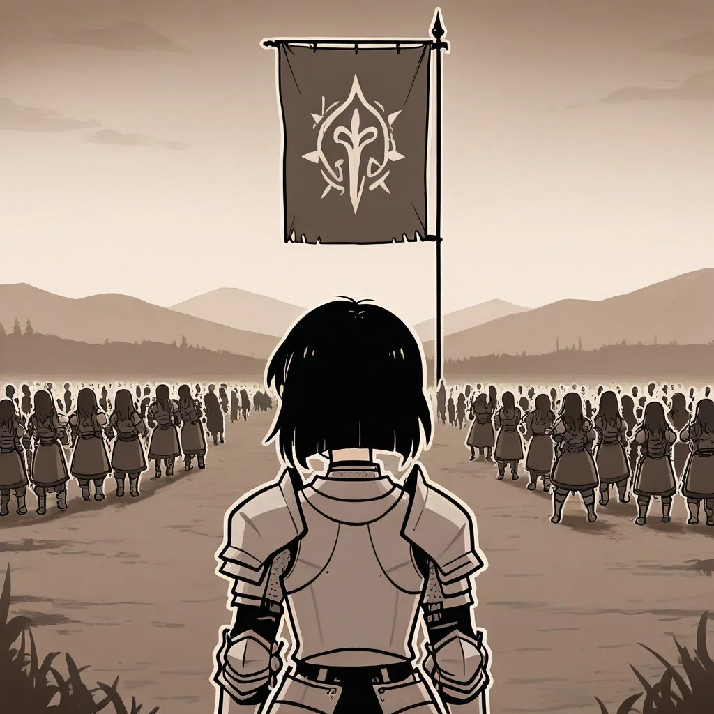 masterpiece, good quality, best quality, 2d, anime, Repanse, black hair, armor, eldritch energies, battlefield, banner, standing, upper body, TCOAALStyle, Monochrome, White Outline,
<lora:RepansedeLyonesse_Vpred:0.8>
