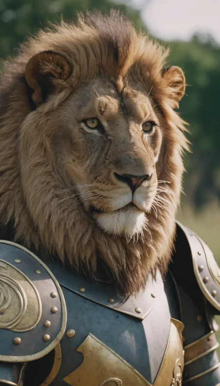 a lion in armor poses for a picture, cinematic close shot, Fujifilm XT3, Canon R5, Fujicolor Fujichrome Velvia 100