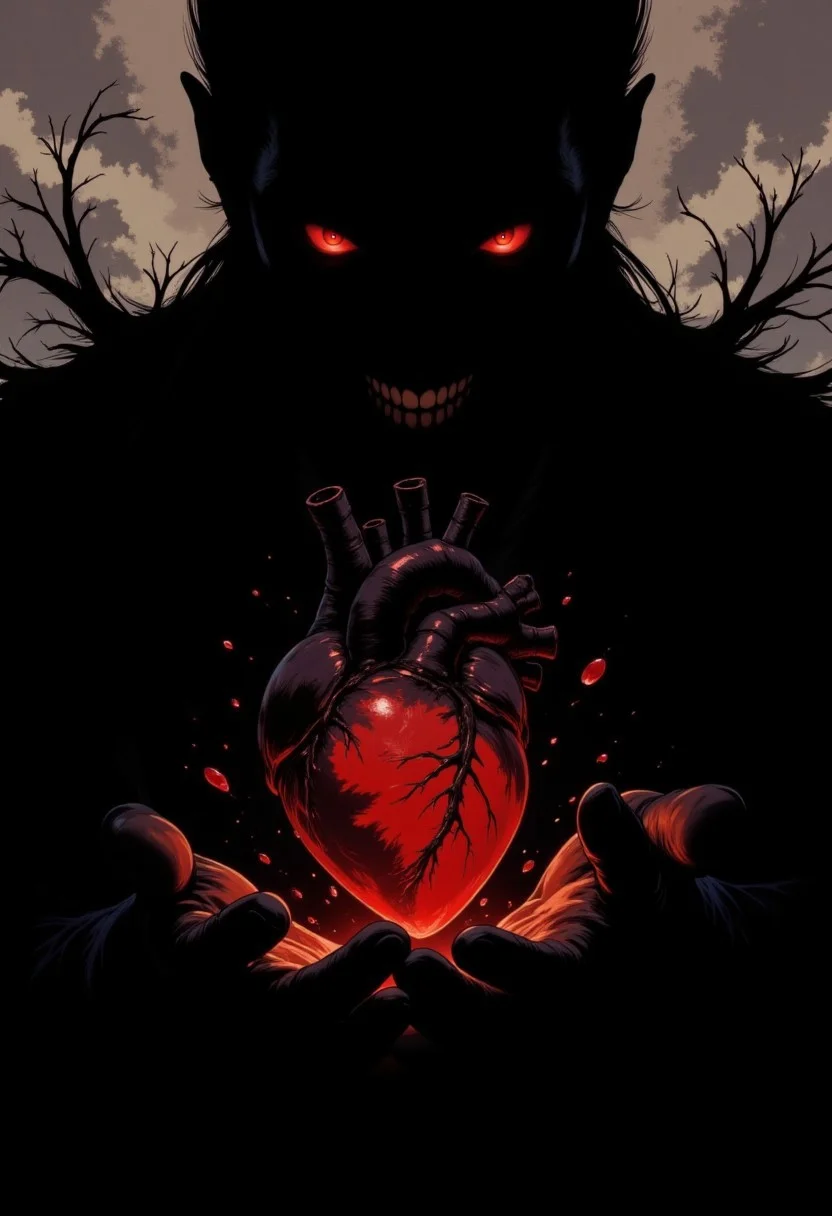 DGC style digital illustration, Magic style,
Close-up. a black correspondence silhouette with red eyes created from ink in an abstract semi-darkness. He holds out his hand, which contains a living, bleeding heart. He squeezes it slightly, digging his claws into it. It is veined . The emphasis of the image is placed on the heart.
