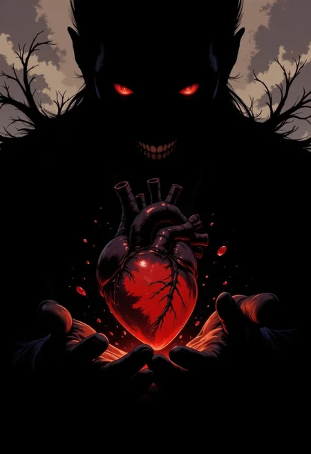 DGC style digital illustration, Magic style,
Close-up. a black correspondence silhouette with red eyes created from ink in an abstract semi-darkness. He holds out his hand, which contains a living, bleeding heart. He squeezes it slightly, digging his claws into it. It is veined . The emphasis of the image is placed on the heart.