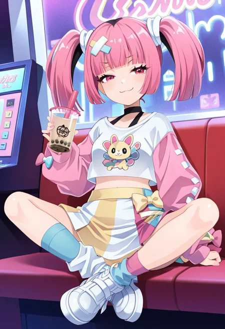 masterpiece, best quality, 1girl, solo, eyelashes, (beautiful eyes), smile, smug, <lora:SangoPokemon_NAI:0.8>, zzSango, pink hair, twintails, blunt bangs, hair ornament, C0utur3Cr4z3, 1girl, solo, multicolor skirt, graphic t-shirt, mismatched socks, chunky shoes, pastel jacket, kawaii accessories, oversized bow, candy-colored jewelry, street fashion, tokyo style â Sango struts down the vibrant streets of Harajuku, her skirt a swirl of pastel chaos. Her jacket is covered in patches, pins, and plush charms, while each of her mismatched socks tells a different story. Her twintails bounce as she poses mid-step, caught in a moment of colorful freedom among bubble tea stands and blinking arcade lights. <lora:CoutureCraze_IXL:1.0>,