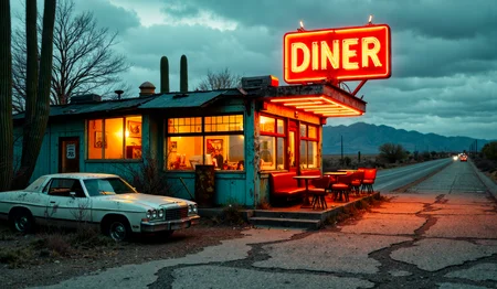 Create a nostalgic image of an abandoned vintage roadside diner situated on the worn asphalt of the Mother Road, surrounded by towering cacti and skeletal remains of long-forgotten signs and billboards. The once-bright neon lights now dimly flicker in the desert breeze, casting a warm orange glow across the cracked and faded pavement. In the foreground, a lone, weathered car rests against the diner's crumbling facade, its paint chipped and peeling like worn skin.
To one side of the structure, a rusty, old-fashioned carillon hangs precariously from a rusted hanger, its delicate metalwork glinting faintly in the fading light. A tangle of overgrown shrubs and weeds snakes up the exterior walls, as if nature itself is attempting to reclaim this forgotten relic from the annals of time.
The interior of the diner can be glimpsed through a grimy, shattered windowpane, its bright red booth seating and turquoise linoleum flooring bearing testament to the vibrant colors that once drew in weary travelers seeking refuge and refreshment. Dust motes dance in the faint light filtering through the torn fabric, as if stirring from long slumber.
In the distance, the endless expanse of Route 66 stretches across the arid desert landscape like a serpentine ribbon of promise, inviting the curious eye to follow its winding path into a golden horizon forever shrouded in the whispers of America's storied past.
cinematic still. <lora:Artistic realism V2:0.20> <lora:Flux_Photography:0.40> <lora:flux_realism_lora:0.20> <lora:VividlySurrealV2_993980:0.20>