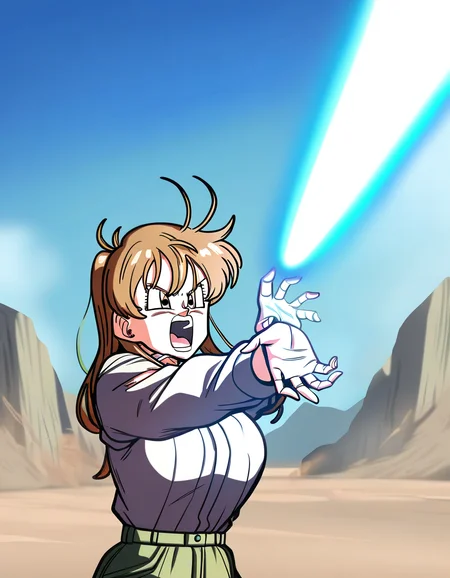 masterpiece, best quality, newest, absurdres, highres, safe,, <lora:rei-miyamoto-ponyxl-lora-nochekaiser:1>, rei miyamoto, long hair, brown hair, brown eyes, antenna hair, ponytail, large breasts, <lora:kamehameha-illustriousxl-lora-nochekaiser:1>, kamehameha, kamehameha (dragon ball), open mouth, outstrecthed arms, torn clothes, shouting, energy, energy beam, outdoors, wasteland, cowboy shot,