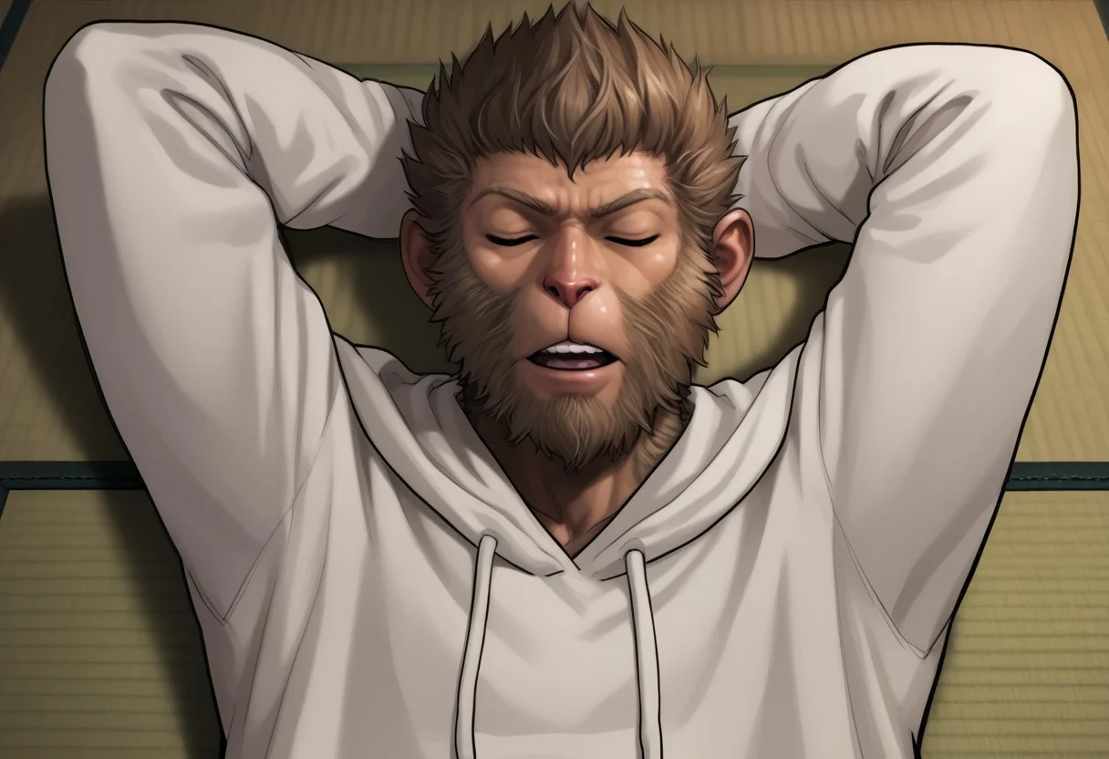 score_9, score_8_up, score_7_up, score_6_up, aoj_sr, 2d, source_cartoon, dojo, night, Black Myth Wukong, (1male,Wukong, monkey king,WU KONG,Monkey anthro monster creature male,closed eyes,brown bright fur,furred hairy furry body,solo,looking at the viewer,big pale oversized hoodies, long sleeves,, hands behind head), better view, closer look, face focus, lying on tatami, showing teeth, hands out of frame, sleeping,