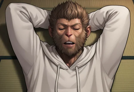 score_9, score_8_up, score_7_up, score_6_up, aoj_sr, 2d, source_cartoon, dojo, night, Black Myth Wukong, (1male,Wukong, monkey king,WU KONG,Monkey anthro monster creature male,closed eyes,brown bright fur,furred hairy furry body,solo,looking at the viewer,big pale oversized hoodies, long sleeves,, hands behind head), better view, closer look, face focus, lying on tatami, showing teeth, hands out of frame, sleeping,