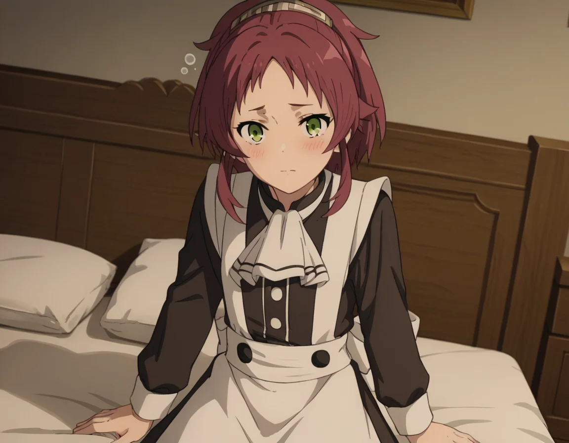 score_9, score_8_up, score_7_up, source_anime,
aishagreyrat, <lora:aisha-greyrat-s2-ponyxl-lora-nochekaiser:1>,
aisha greyrat, green eyes, ponytail, red hair,
long sleeves, apron, maid, ascot, white apron, white ascot,
indoors, bed, bed room, on side, blush, drunk,
solo, dutch angle, looking at viewer, cowboy shot,