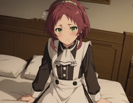 score_9, score_8_up, score_7_up, source_anime,
aishagreyrat, <lora:aisha-greyrat-s2-ponyxl-lora-nochekaiser:1>,
aisha greyrat, green eyes, ponytail, red hair,
long sleeves, apron, maid, ascot, white apron, white ascot,
indoors, bed, bed room, on side, blush, drunk,
solo, dutch angle, looking at viewer, cowboy shot,