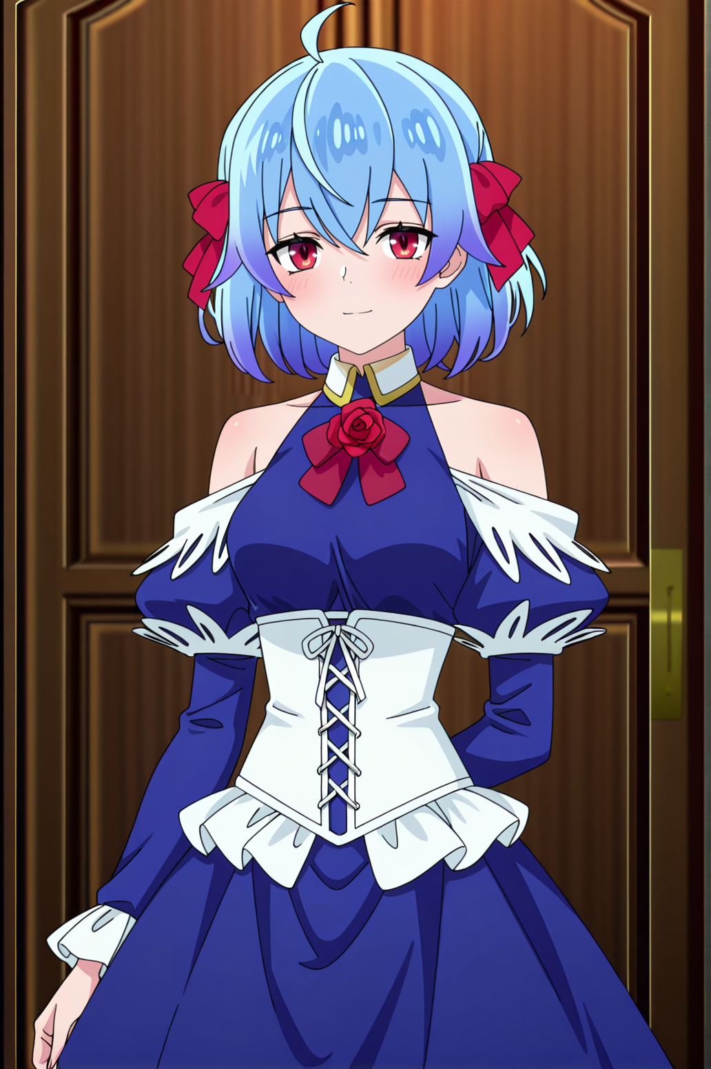 masterpiece, best quality, absurdres, highres, very aesthetic, very awa, BREAK, anime coloring, anime screencap,
<lora:ruti_ragnason_v1-illustrious:1>, 1girl, ruti ragnason, shin no nakama, red eyes, blue hair, ahoge, short hair, hair bow, red bow,
BREAK, looking at viewer, light smile, blush,
BREAK, rutidress, blue dress, bare shoulders, rose, flower, long sleeves, white corset,