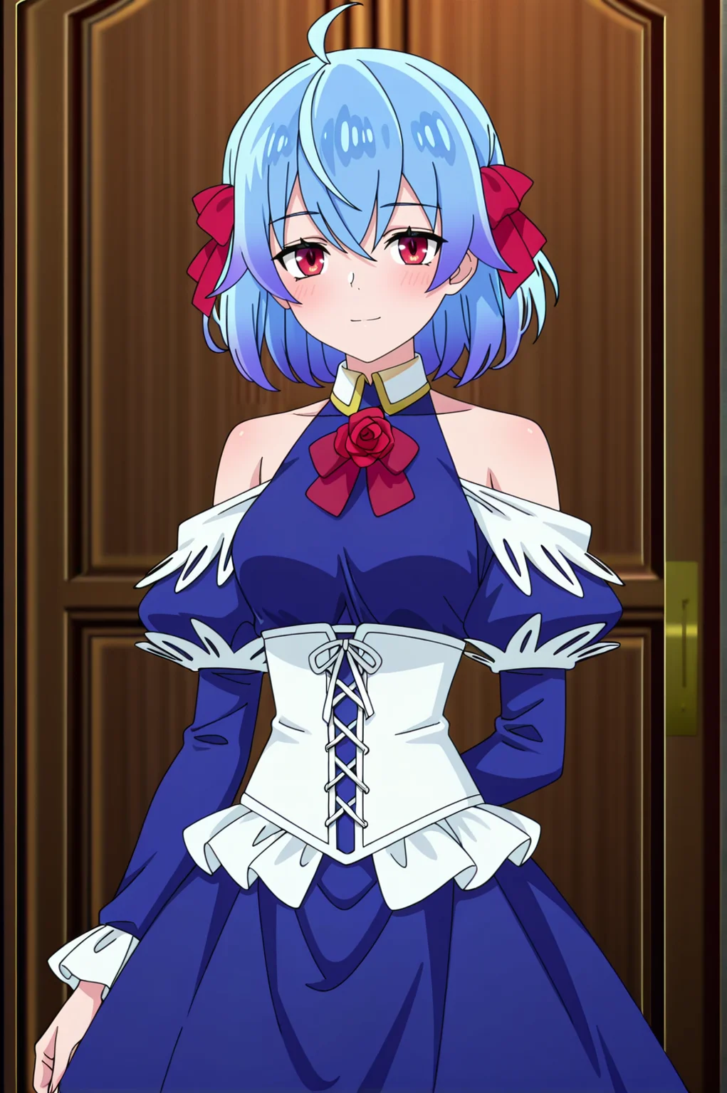 masterpiece, best quality, absurdres, highres, very aesthetic, very awa, BREAK, anime coloring, anime screencap,
<lora:ruti_ragnason_v1-illustrious:1>, 1girl, ruti ragnason, shin no nakama, red eyes, blue hair, ahoge, short hair, hair bow, red bow,
BREAK, looking at viewer, light smile, blush,
BREAK, rutidress, blue dress, bare shoulders, rose, flower, long sleeves, white corset,