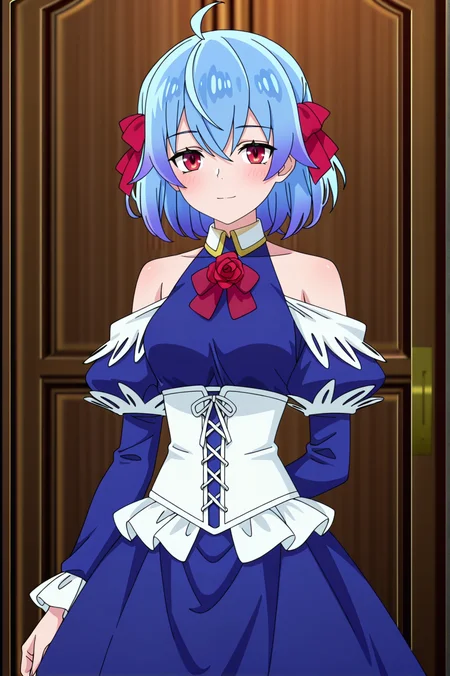 masterpiece, best quality, absurdres, highres, very aesthetic, very awa, BREAK, anime coloring, anime screencap,
<lora:ruti_ragnason_v1-illustrious:1>, 1girl, ruti ragnason, shin no nakama, red eyes, blue hair, ahoge, short hair, hair bow, red bow,
BREAK, looking at viewer, light smile, blush,
BREAK, rutidress, blue dress, bare shoulders, rose, flower, long sleeves, white corset,
