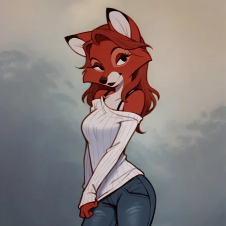 digital_media_(artwork) hi_res, score_9, score_8_up, score_7_up, score_6_up, score_5_up, score_4_up, anthro, 1girl, feminine, female, female focus, solo, medium breasts, coy smile, leaning towards viewer, detailed sexy eyes, heavy eyeliner, detailed sexy hair, pretty face, exposed shoulders, shoulder strap undershirt, sweater, denim pants, Vixey, red fur, vixen, long red hair,