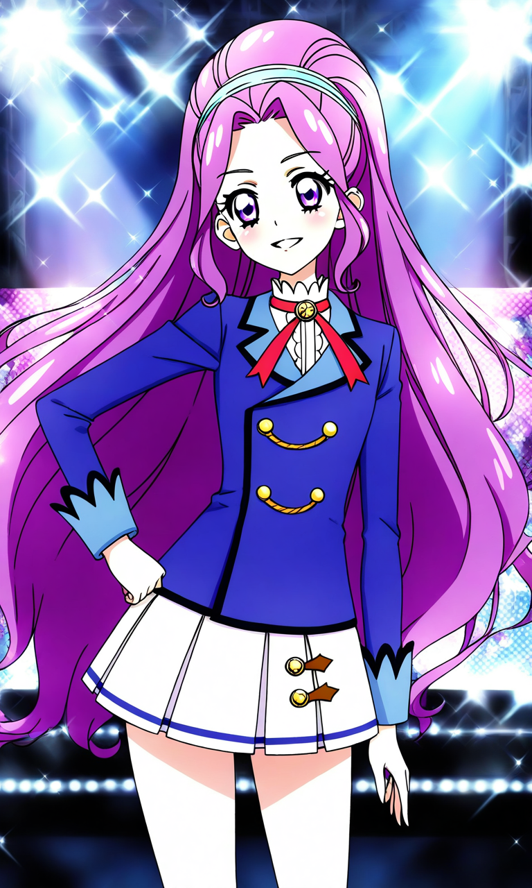 general,highres, ultra-detailed,very aesthetic,best quality ,best hands, BREAK <lora:Kanzaki_Mizuki_aikatsu!_IS:1>
kanzaki_mizuki(aikatsu!), 1girl, solo, purple hair, purple eyes, long hair, ponytail, high ponytail, hairband, very long hair,
starlight academy school uniform,
smile, happy,parted lips,
sparkle, hand on hip, stage,