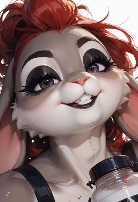 score_9, score_8_up, score_7_up, score_6_up, masterpiece, best quality, (close up), 1girl, cute face, anthro, (((furry))), (rabbit female:1.5), black lips, (long black eyelashes:1.5), (dark eyeliner:1.5), perfect teeth, short curvy red hair, thick, pumped muscles, abs, (bulging breasts), side view of a gorgeous (girl drinking water) from a plastic bottle, holding bottle, advertising style, commercial style, loose wet crop top, (head up:1.5), open mouth, (bottom up:1.3), abstract white background, bright theme, erotic tension, cinematic lightning,