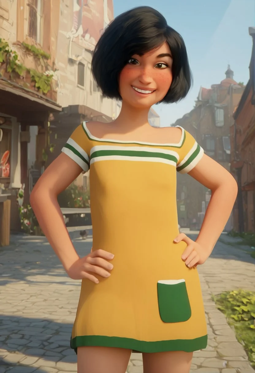 mariolina_yellow_rtzbb, 1girl, tanned skin, short black hair, thick eyebrows, dark green eyes, freckles, small yellow dress with with green and white strides (green pocket on the right bottom side of her dress), short sleeves, long white socks, red sneakers with white laces, score_9_up, score_8_up, score_7_up, BREAK, 1girl, solo, looking at viewer, cute, smirk, from below, hands on hips, head tilt, female focus, ultra detailed, detailed background, village streets, masterpiece, best quality, 8k, Expressiveh, realistic, 3d, portrait, cowboy shot, flat chest, handfixer