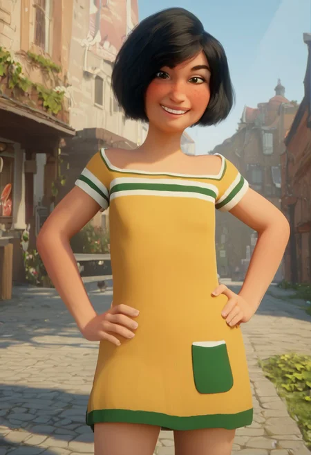 mariolina_yellow_rtzbb, 1girl, tanned skin, short black hair, thick eyebrows, dark green eyes, freckles, small yellow dress with with green and white strides (green pocket on the right bottom side of her dress), short sleeves, long white socks, red sneakers with white laces, score_9_up, score_8_up, score_7_up, BREAK, 1girl, solo, looking at viewer, cute, smirk, from below, hands on hips, head tilt, female focus, ultra detailed, detailed background, village streets, masterpiece, best quality, 8k, Expressiveh, realistic, 3d, portrait, cowboy shot, flat chest, handfixer