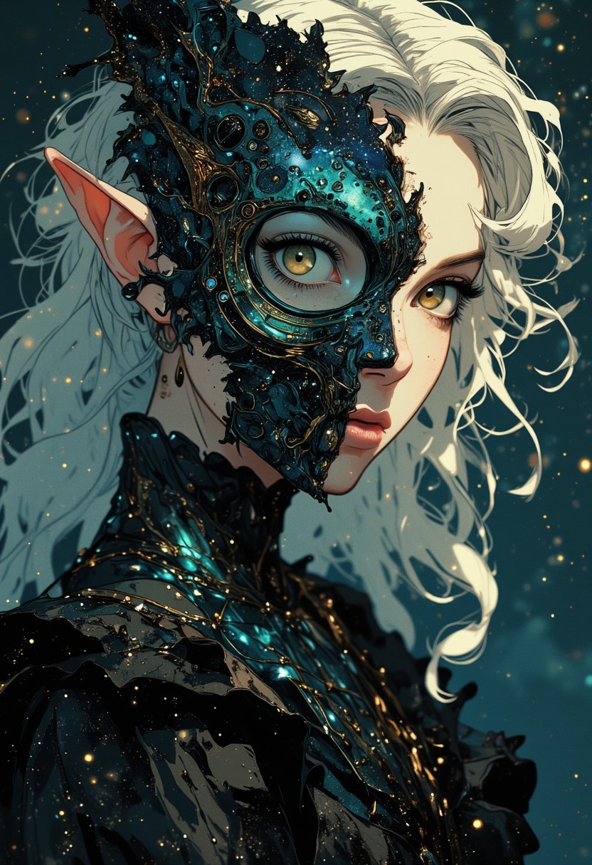 Top-down zoomed-in view of an elegant elf girl, her delicate face occupying most of the frame. A striking cosmic mask cleanly divides her face vertically, covering one half—its surface shimmering with galaxies, nebulae, and celestial swirls, blending seamlessly into her pale, flawless skin. Her uncovered eye glows softly, conveying an ethereal presence. Silver-white hair cascades around her, strands catching faint cosmic light. Below her face, her standing body is visible but blurred, creating a dreamy depth effect. She wears a long, flowing black dress, almost like a wedding gown, but infused with cosmic beauty—its fabric shimmers with galaxies, distant nebulae, and sparkling stars, resembling a living night sky. The background is softly diffused, enhancing the mystical and surreal atmosphere, with a faint celestial glow outlining her figure.