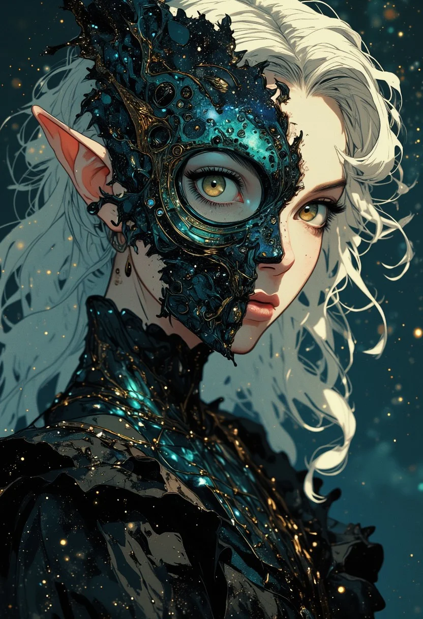 Top-down zoomed-in view of an elegant elf girl, her delicate face occupying most of the frame. A striking cosmic mask cleanly divides her face vertically, covering one half—its surface shimmering with galaxies, nebulae, and celestial swirls, blending seamlessly into her pale, flawless skin. Her uncovered eye glows softly, conveying an ethereal presence. Silver-white hair cascades around her, strands catching faint cosmic light. Below her face, her standing body is visible but blurred, creating a dreamy depth effect. She wears a long, flowing black dress, almost like a wedding gown, but infused with cosmic beauty—its fabric shimmers with galaxies, distant nebulae, and sparkling stars, resembling a living night sky. The background is softly diffused, enhancing the mystical and surreal atmosphere, with a faint celestial glow outlining her figure.