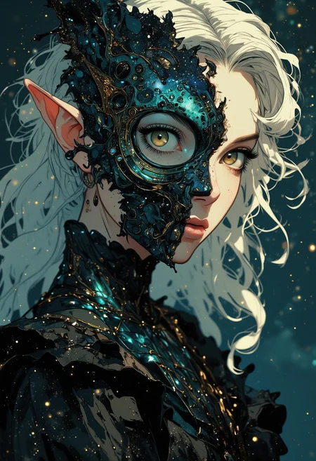 Top-down zoomed-in view of an elegant elf girl, her delicate face occupying most of the frame. A striking cosmic mask cleanly divides her face vertically, covering one half—its surface shimmering with galaxies, nebulae, and celestial swirls, blending seamlessly into her pale, flawless skin. Her uncovered eye glows softly, conveying an ethereal presence. Silver-white hair cascades around her, strands catching faint cosmic light. Below her face, her standing body is visible but blurred, creating a dreamy depth effect. She wears a long, flowing black dress, almost like a wedding gown, but infused with cosmic beauty—its fabric shimmers with galaxies, distant nebulae, and sparkling stars, resembling a living night sky. The background is softly diffused, enhancing the mystical and surreal atmosphere, with a faint celestial glow outlining her figure.